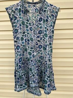 Poupette St. Barth White Blue Green Floral vNeck Tunic 17” by 30” mini dress